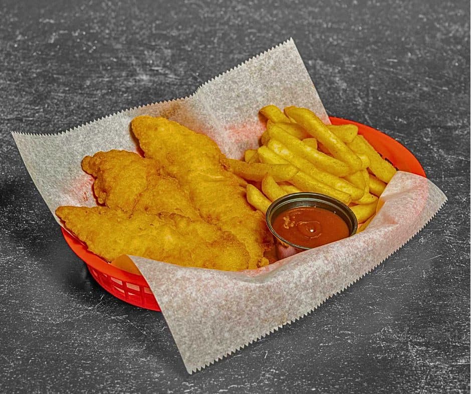 Chicken tenders and fries with dipping sauce