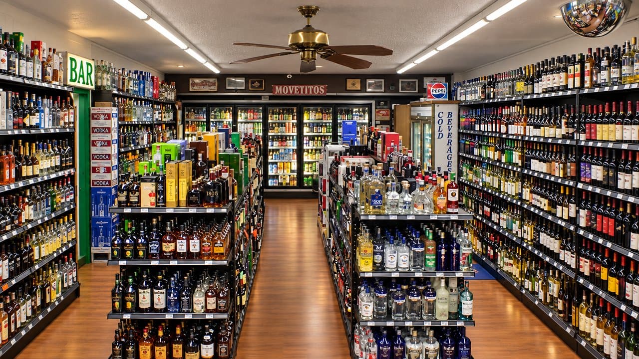 Aisles of beer, wine and spirits inside Play By Play Liquor Store